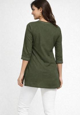 Womens latest cotton mehendi green floral embroidered short kurti 3