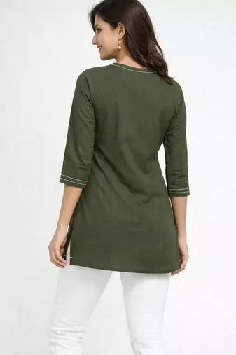Womens new latest cotton mehendi green floral embroidered short kurti