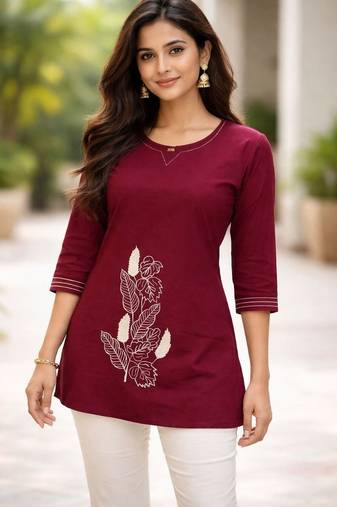 Womens new latest  cotton wine floral embroidered short kurti