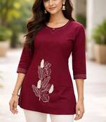 Womens new latest  cotton wine floral embroidered short kurti
