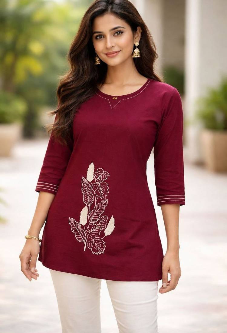 Womens new latest  cotton wine floral embroidered short kurti