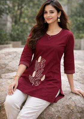 Womens  cotton wine floral embroidered short kurti 3