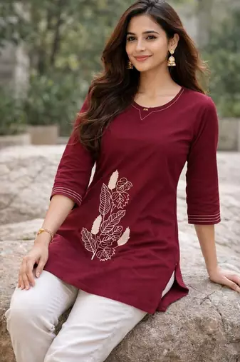 Womens new latest cotton wine floral embroidered short kurti