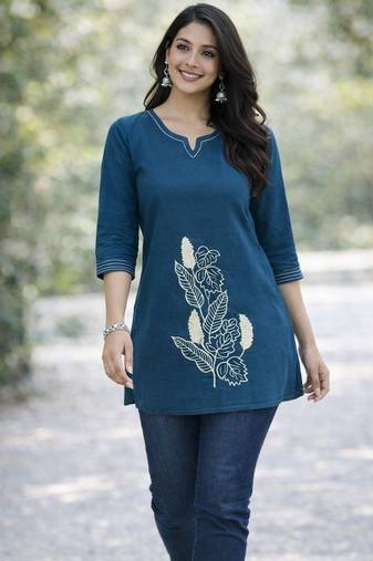 Womens new latest  cotton blue floral embroidered short kurti