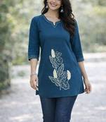 Womens new latest  cotton blue floral embroidered short kurti