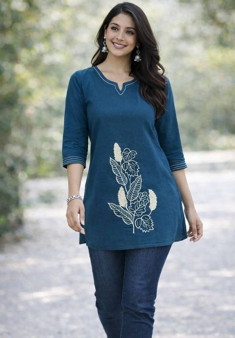 Womens new latest  cotton blue floral embroidered short kurti