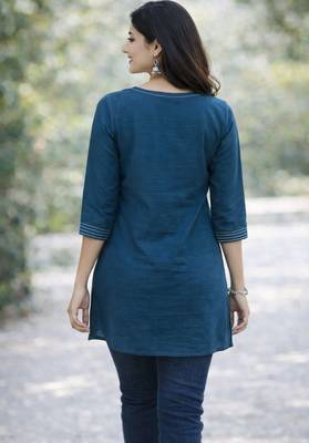 Womens  cotton blue floral embroidered short kurti 2