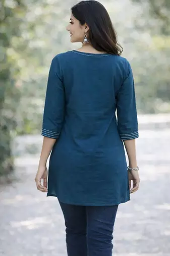 Womens new latest cotton blue floral embroidered short kurti
