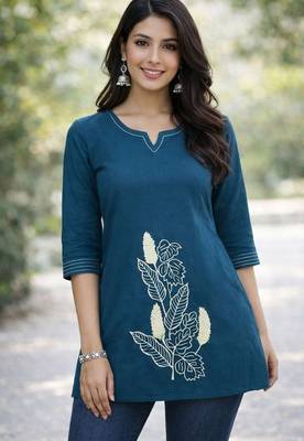 Womens  cotton blue floral embroidered short kurti 3