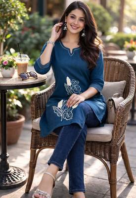 Womens  cotton blue floral embroidered short kurti 4