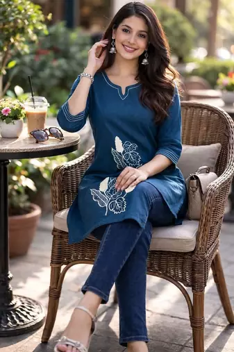 Womens new latest cotton blue floral embroidered short kurti