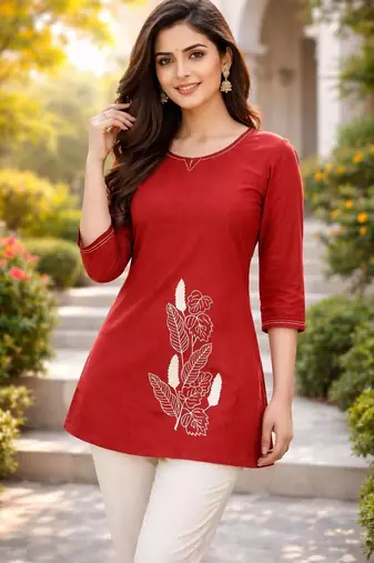 Womens new latest cotton orange floral embroidered short kurti