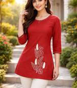 Womens new latest  cotton orange floral embroidered short kurti