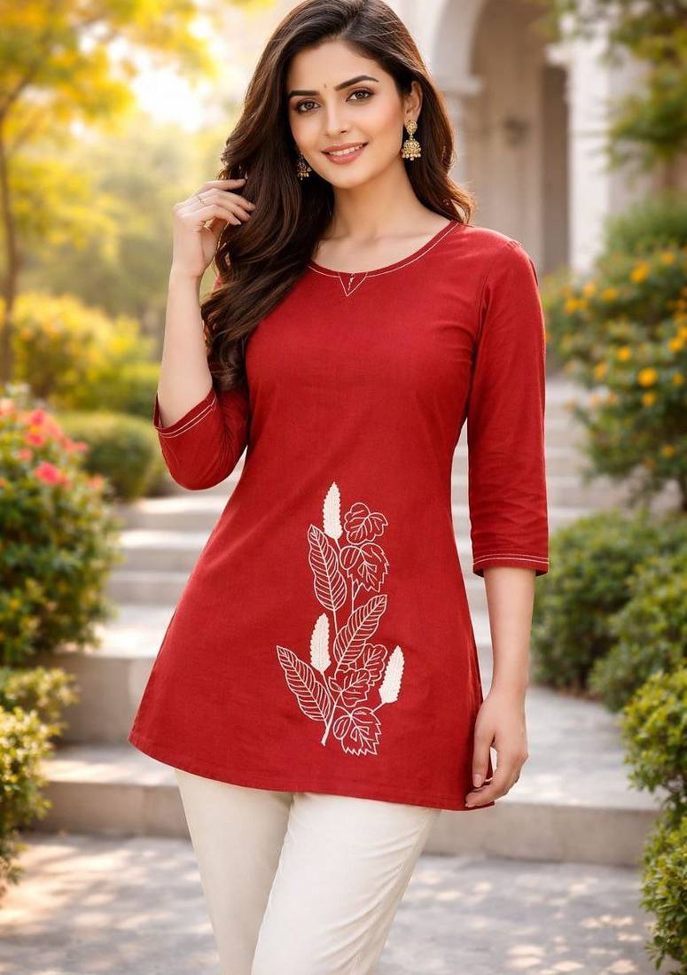 Womens new latest  cotton orange floral embroidered short kurti
