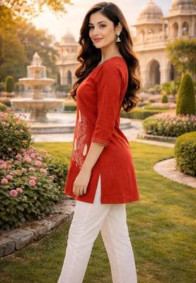 Womens  cotton orange floral embroidered short kurti 3