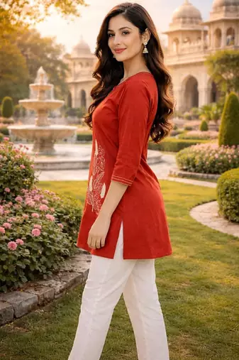 Womens new latest cotton orange floral embroidered short kurti