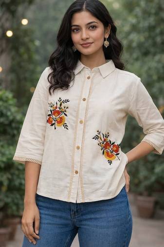 Womens new trendy premium cotton-linen off-white fusion shirt kurti with floral embroidery