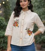 Womens new trendy premium cotton-linen off-white fusion shirt kurti with floral embroidery