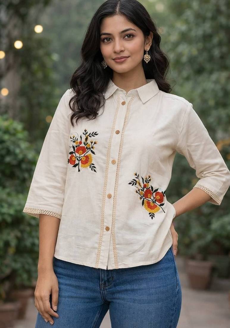 Womens new trendy premium cotton-linen off-white fusion shirt kurti with floral embroidery