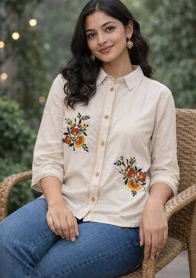 Womens  cotton-linen off-white fusion shirt kurti with floral embroidery 2