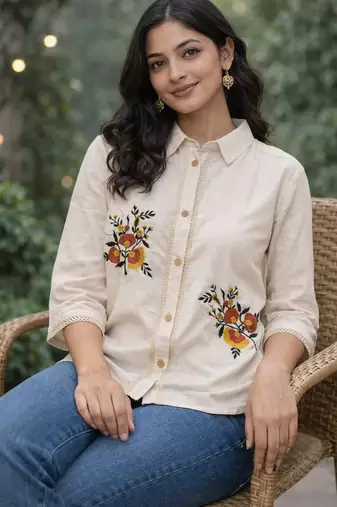 Womens new trendy premium cotton-linen off-white fusion shirt kurti with floral embroidery