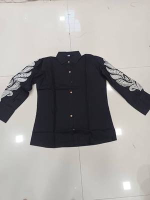 Women black cotton button-down top with white contrast embroidered sleeves 2