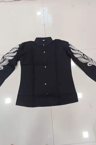 Women trendy black cotton button-down top with white contrast embroidered sleeves