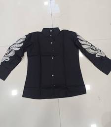 Women trendy  black cotton button-down top with white contrast embroidered sleeves