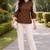 Women trendy  brown cotton button-down top with white contrast embroidered sleeves