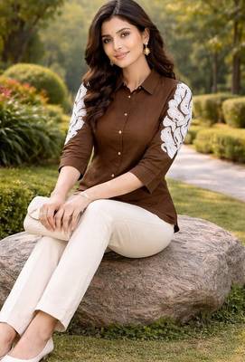 Women  brown cotton button-down top with white contrast embroidered sleeves 2