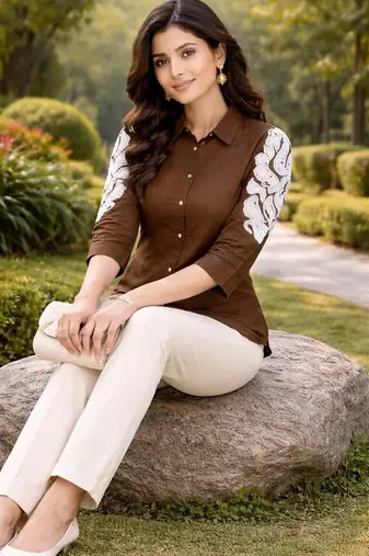 Women trendy brown cotton button-down top with white contrast embroidered sleeves