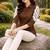 Women trendy  brown cotton button-down top with white contrast embroidered sleeves