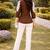 Women trendy  brown cotton button-down top with white contrast embroidered sleeves