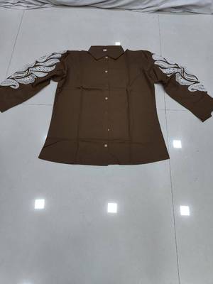 Women  brown cotton button-down top with white contrast embroidered sleeves 4