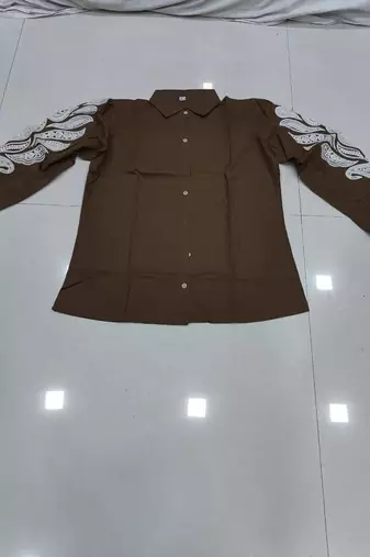 Women trendy brown cotton button-down top with white contrast embroidered sleeves