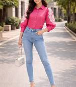 Women trendy  pink cotton button-down top with white contrast embroidered sleeves