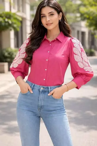 Women trendy pink cotton button-down top with white contrast embroidered sleeves