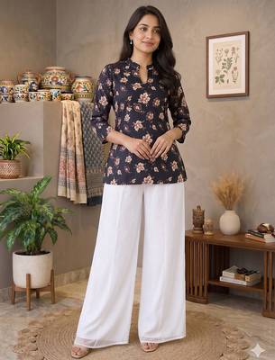 Women black beige floral printed cotton kurti with white wide-leg palazzo set 1