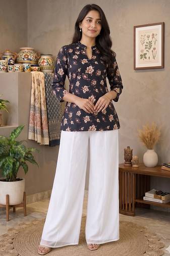 Women black  beige floral printed cotton kurti with white wide-leg palazzo set
