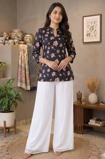 Women black beige floral printed cotton kurti with white wide-leg palazzo set