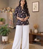 Women black  beige floral printed cotton kurti with white wide-leg palazzo set
