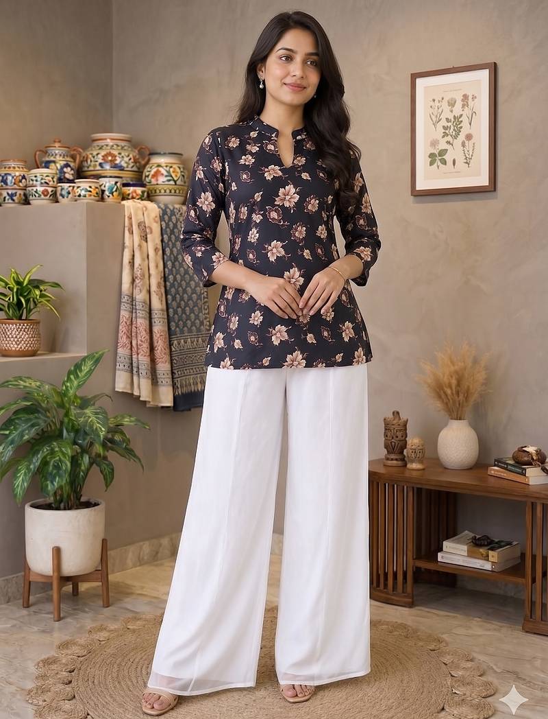 Women black  beige floral printed cotton kurti with white wide-leg palazzo set