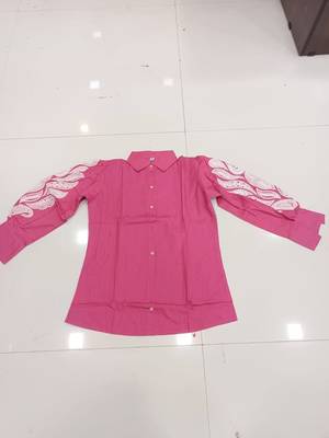 Women  pink cotton button-down top with white contrast embroidered sleeves 4