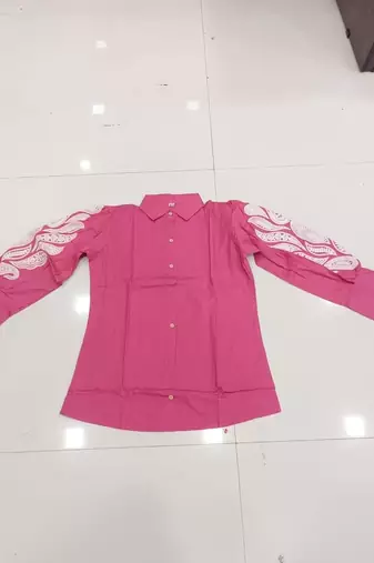 Women trendy pink cotton button-down top with white contrast embroidered sleeves