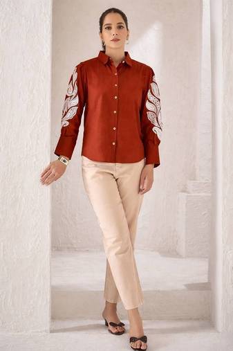 Women trendy  rust cotton button-down top with white contrast embroidered sleeves