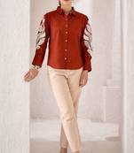 Women trendy  rust cotton button-down top with white contrast embroidered sleeves