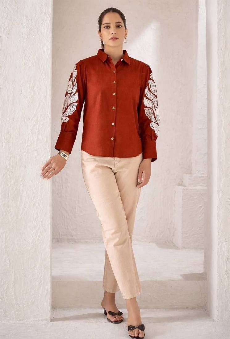 Women trendy  rust cotton button-down top with white contrast embroidered sleeves