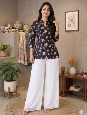Women black beige floral printed cotton kurti with white wide-leg palazzo set 4