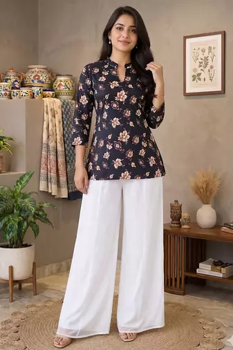 Women black beige floral printed cotton kurti with white wide-leg palazzo set