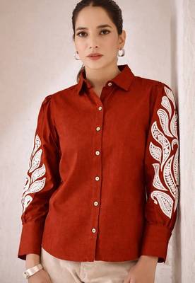 Women  rust cotton button-down top with white contrast embroidered sleeves 2